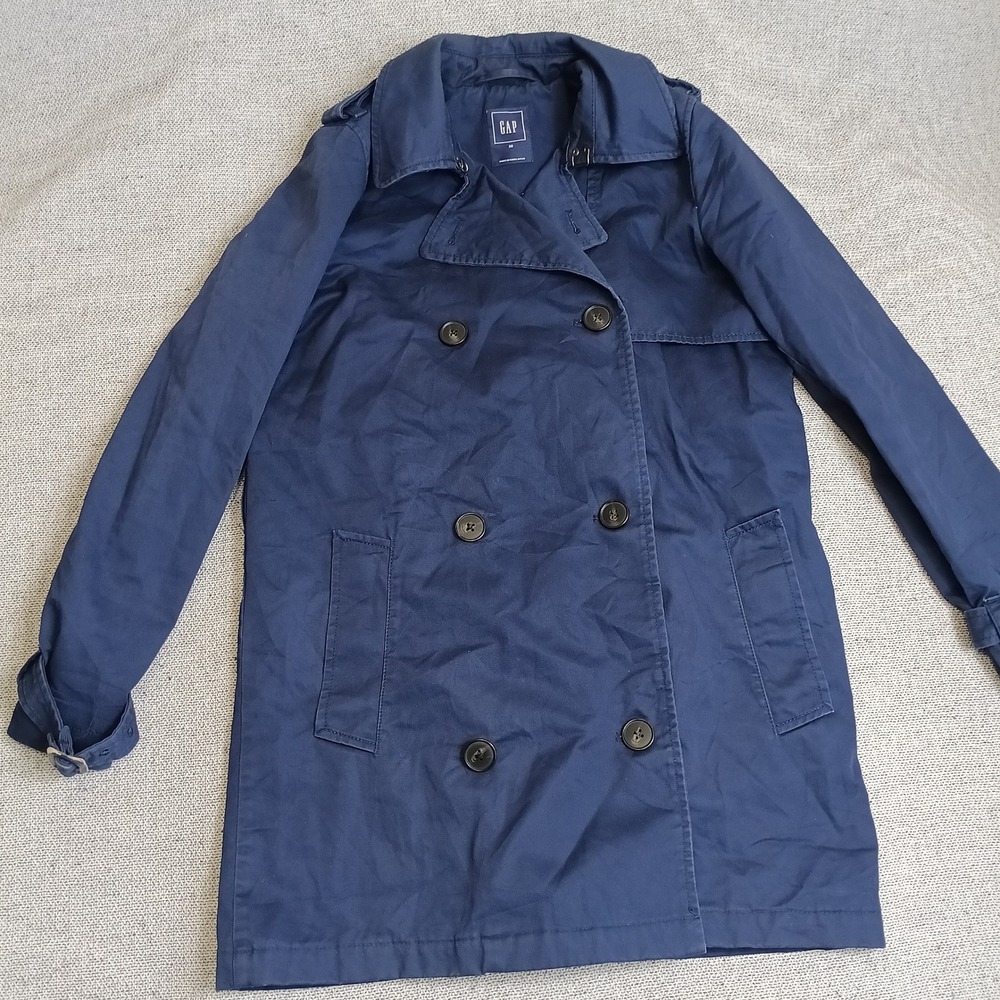 GAP Trench Coat Women XS Navy Blue Good Double Breasted Classic Outerwear